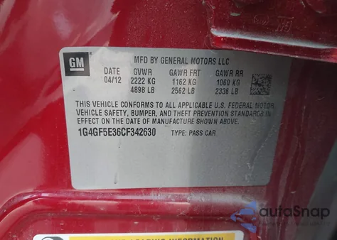 2012 Buick Lacrosse Premium 2 Group из США, поврежденный, VIN 1G4GF5E36CF342630